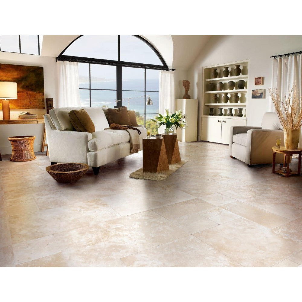 Denizli Beige Antique French Pattern Set Travertine Tile-Brushed and Chiseled